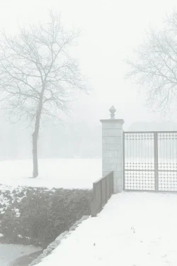 Entrée des artistes Portail sous la brume par un temps de neige aux Herbiers L'Etenduère, 7 janvier 2026