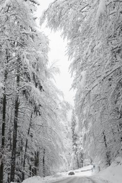 Voiture sous un passage enneigée