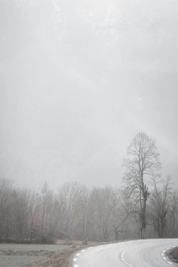 Le détour Route sinueuse dans la vallée sous la brume, Entraigues, 11 février 2026